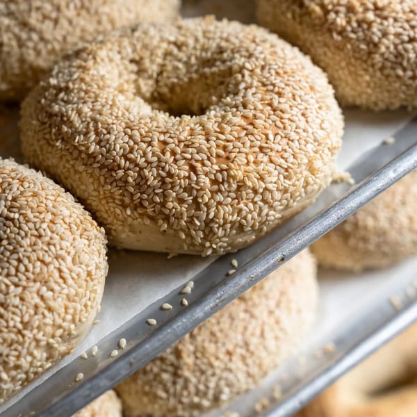 Freshly baked sesame bagels on a metal baking tray, ready to be served.