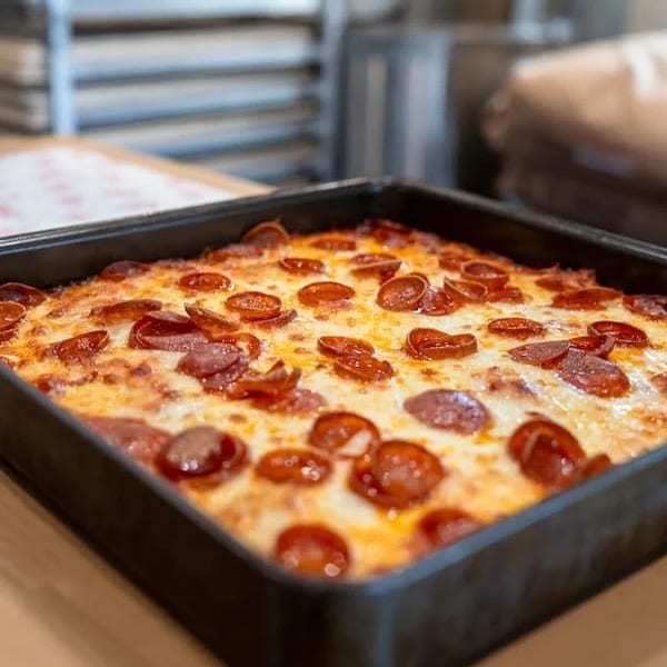 Freshly baked Detroit-style pepperoni pizza in a rectangular pan, with a blurry kitchen background.