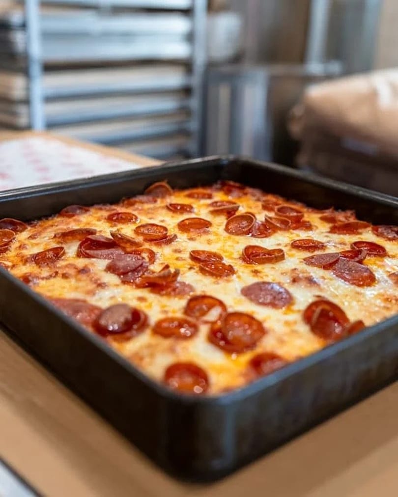 Freshly baked Detroit-style pepperoni pizza in a rectangular pan, with a blurry kitchen background.