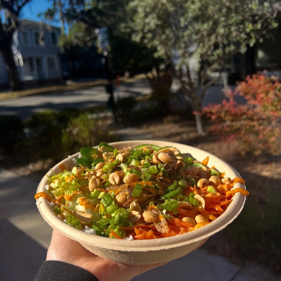 Hand holds a colorful salad bowl topped with peanuts, green onions, shredded carrots, lettuce, and orange dressing outdoors.